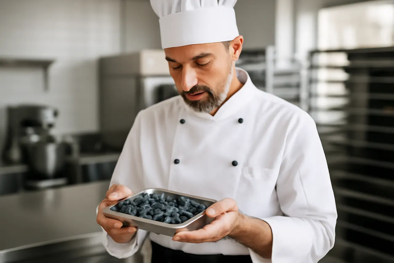 Pastane şefi premium yaban mersini inceliyor